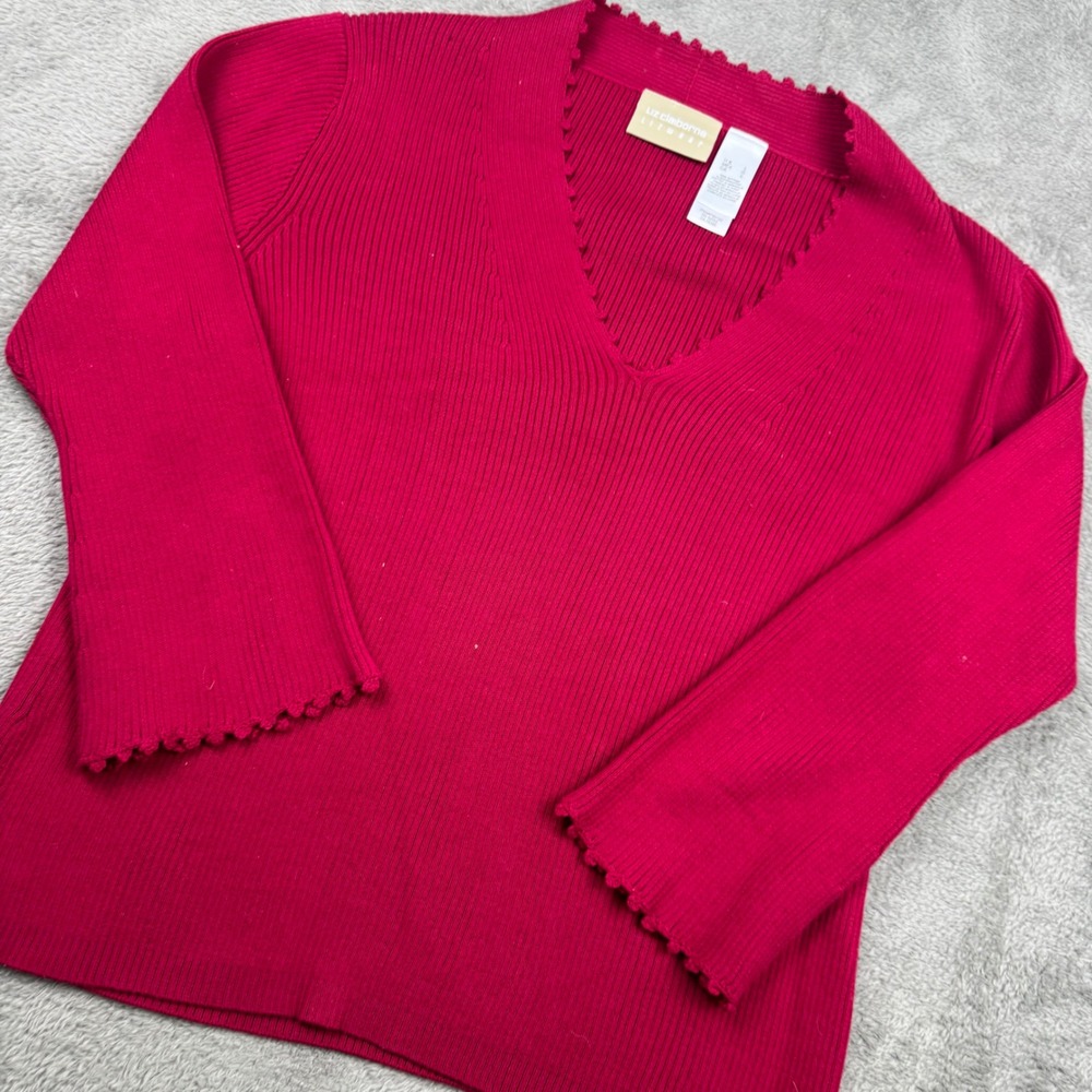 Liz Claiborne Lizwear Sweater Womens Large Pink Excellent V-Neck Ribbed Cotton